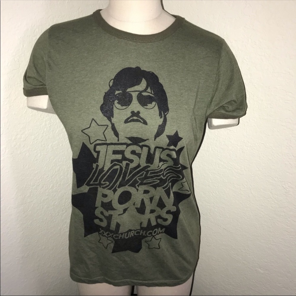 NWOT Olive green XXX Church porn star t-shirt sz L